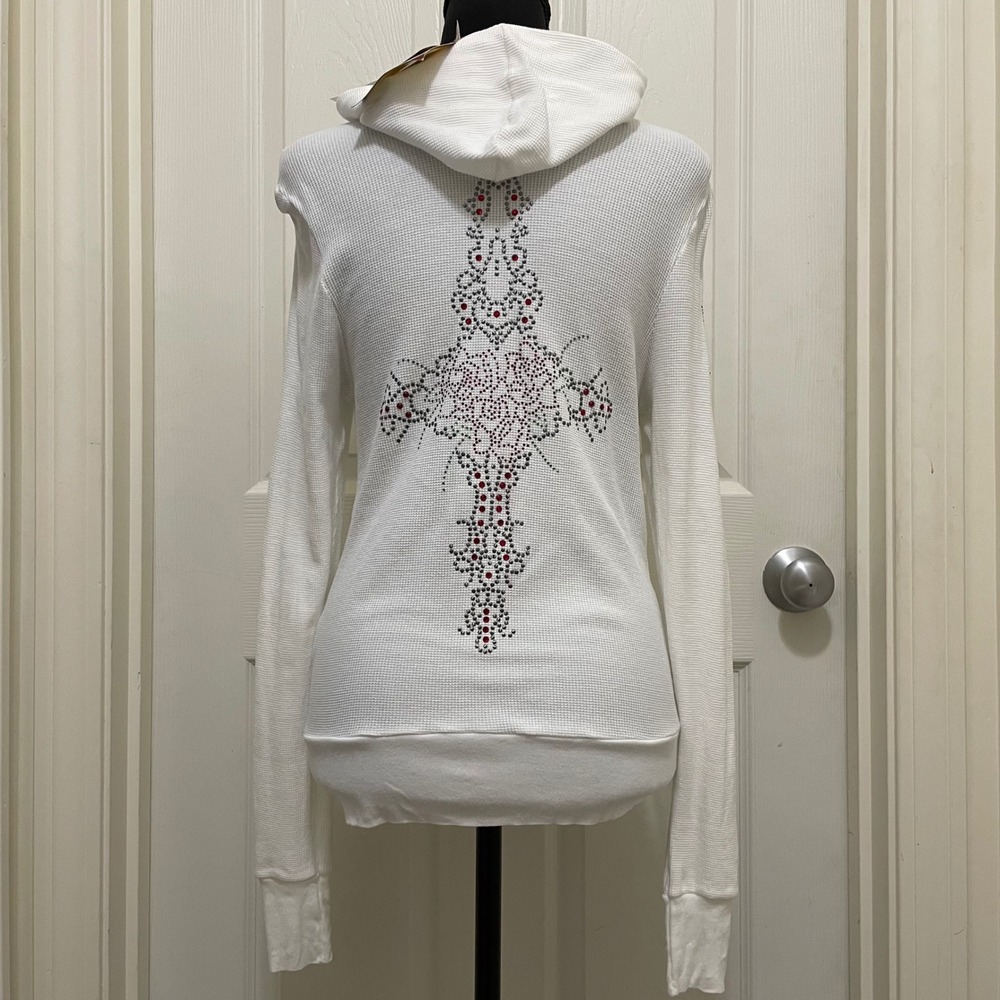 Vintage Y2K Bejeweled Swarovski Hoodie Top Zip‎ NWT Thermal Bling Cross Rocker L